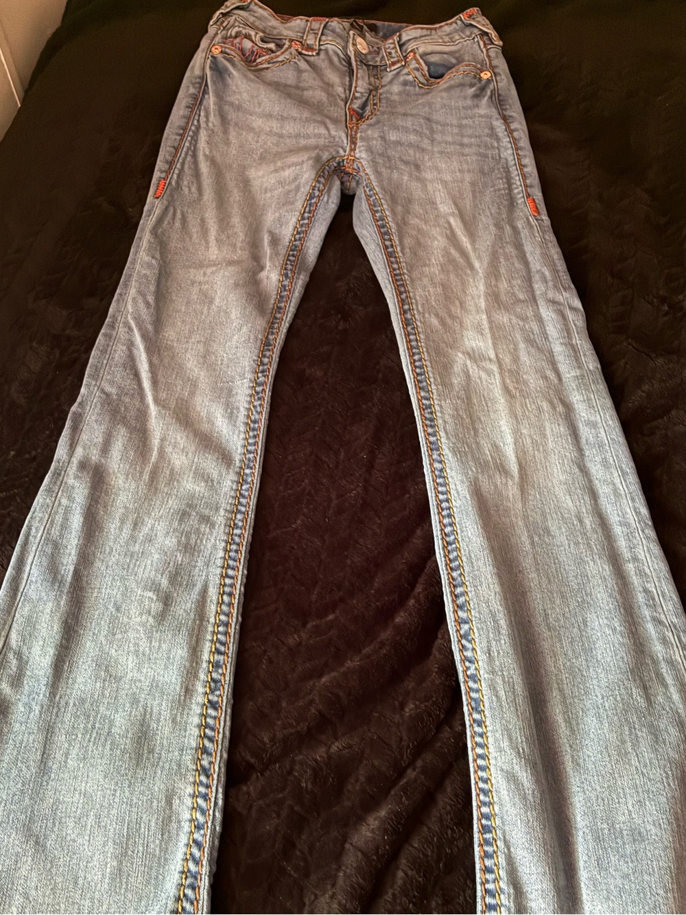 True Religion Light Blue Flare Jeans with Contrast Stitching